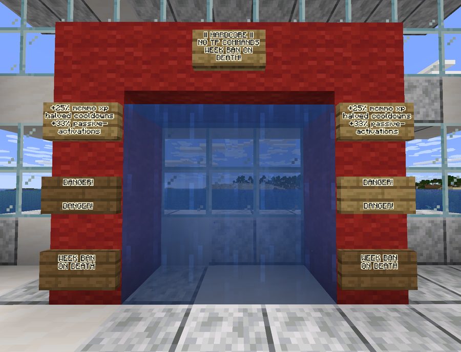 The hardcore portal at spawn: a red arch with warning signs reading week ban on death